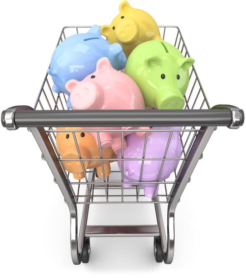 Piggy banks in a shopping cart